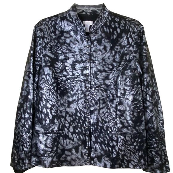 Chico’s Black Silver Metallic Snake Print Snap Button Down Jacket Size Medium 2 - Picture 1 of 7